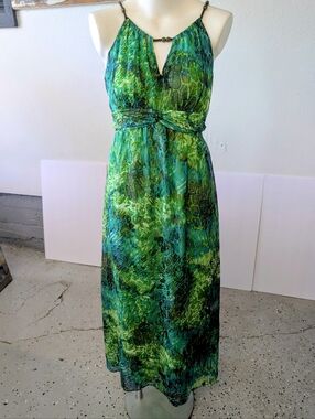 Vintage Sheri Martin Green Patterned Maxi Dress Classic Summer Style Sz 6